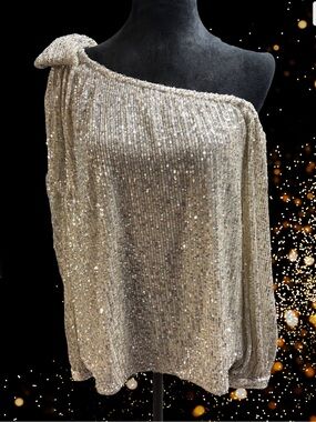 CeCe Cold-Shoulder Sequin Evening Top - Gold